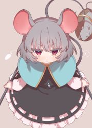 Rule 34 | 1girl, absurdres, animal ears, basket, capelet, dowsing rod, dress, e sdss, from above, frown, grey hair, highres, jewelry, looking at viewer, mouse (animal), mouse ears, mouse tail, nazrin, necklace, pendant, red eyes, simple background, solo, tail, touhou, v-shaped eyebrows