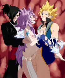 Rule 34 | 1girl, 2boys, absurdres, anal, black hair, blonde hair, blush, breasts, clothed male nude female, double anal, double penetration, fairy tail, group sex, highres, multiple boys, multiple insertions, multiple penetration, nipples, nude, open mouth, penis, pussy, rogue cheney, sex, small breasts, standing, standing double penetration, sting eucliffe, uncensored, wendy marvell