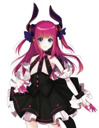 Rule 34 | 1girl, bad id, bad pixiv id, blue bow, blue eyes, bow, cowboy shot, curled horns, detached sleeves, elizabeth bathory (fate), elizabeth bathory (fate/extra ccc), elizabeth bathory (first ascension) (fate), fate (series), flat chest, hair bow, highres, horns, mywaffuru, pink hair, solo, standing, tail, white background