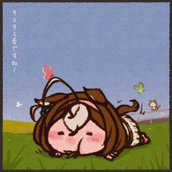 Rule 34 | 1girl, :t, ahoge, animal ears, black border, blush stickers, border, brown hair, bug, butterfly, cat, chibi, commentary request, eating, hairband, horse ears, horse girl, horse tail, huge ahoge, insect, jaggy lines, lying, masakappa, meisho doto (umamusume), meto (cat), on grass, on stomach, outdoors, paper texture, pink hairband, pose imitation, real life, solo focus, tail, translation request, umamusume, white hair