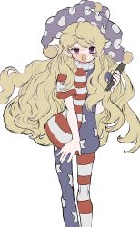 Rule 34 | 1girl, american flag dress, american flag legwear, bad anatomy, bad leg, blonde hair, clownpiece, dress, fairy, feet out of frame, hat, highres, holding, holding torch, inkopico, jester cap, long hair, open mouth, pantyhose, pink eyes, polka dot, polka dot headwear, purple hat, simple background, solo, star (symbol), star print, striped clothes, striped dress, striped pantyhose, torch, touhou, white background