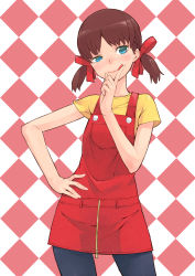 Rule 34 | 1girl, :q, black pantyhose, blue eyes, blush, brown hair, checkered background, face, finger to mouth, fujiya, hand on own hip, hip focus, maeda risou, mascot, overalls, pantyhose, peko-chan, short hair, short twintails, solo, tongue, tongue out, twintails