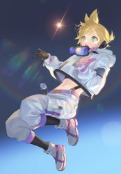 Rule 34 | 1boy, aqua eyes, belt, blonde hair, boots, charm (object), commentary, floating, formal, full body, gloves, goggles, goggles around neck, headphones, kagamine len, lens flare, male focus, midair, midriff, naoko (naonocoto), navel, open mouth, pants, rocket, solo, space, spacesuit, spiked hair, stomach, suit, sun, vocaloid, white pants, white suit