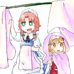 Rule 34 | 2girls, :d, apron, black ribbon, blonde hair, blue skirt, blue vest, bow, braid, clothesline, commentary, cosplay, drying, drying clothes, flandre scarlet, frilled apron, frills, green bow, green eyes, hair bow, hong meiling, hood, hood up, izayoi sakuya, izayoi sakuya (cosplay), laundry, maid apron, maid headdress, multiple girls, open mouth, orange hair, outdoors, puffy short sleeves, puffy sleeves, red eyes, ribbon, short hair, short sleeves, simple background, skirt, smile, symbol-only commentary, touhou, twin braids, vest, white apron, white background, yaise