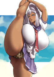 Rule 34 | 1girl, akaza chacha, animal print, ass, blush, breasts, commission, curvy, dark-skinned female, dark skin, grey eyes, hair ornament, highres, huge breasts, leopard print, long hair, looking at viewer, maken-ki!, miniskirt, necktie, open mouth, packge, panties, red necktie, silver hair, skirt, solo, standing, standing on one leg, thick thighs, thighs, underwear