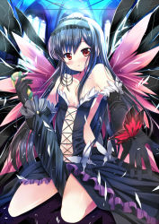 Rule 34 | 10s, 1girl, accel world, antenna hair, bare shoulders, black hair, blush, butterfly wings, elbow gloves, gloves, hairband, insect wings, kuroyukihime, long hair, red eyes, solo, wings, xephonia