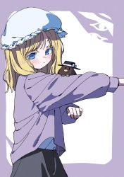 Rule 34 | 1girl, animal on arm, bird, bird on arm, black hat, black skirt, blonde hair, blue eyes, blush, border, bow, commentary, cowboy shot, gap (touhou), hat, highres, long hair, long sleeves, looking at animal, maribel hearn, mob cap, nama udon, outstretched arm, parted bangs, purple border, purple sweater, simple background, skirt, solo, sweater, touhou, usami renko, usami renko (bird), white background, white bow, white hat