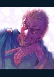 Rule 34 | 1boy, askeladd, blonde hair, blue eyes, cloak, closed mouth, commentary, facial hair, goatee, green cloak, highres, looking at viewer, male focus, miyamainuzo, mustache, short hair, smile, solo, thick eyebrows, veins, veiny hands, vinland saga