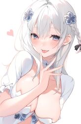 Rule 34 | 1girl, black ribbon, blue eyes, blush, braid, breasts, character request, cleavage, commission, eyelashes, flower, hair between eyes, hair flower, hair ornament, hair ribbon, heart, highres, indie virtual youtuber, long hair, looking at viewer, medium breasts, ribbon, short sleeves, side braid, simple background, skeb commission, solo, tongue, tongue out, virtual youtuber, white background, yuita (yuita17)