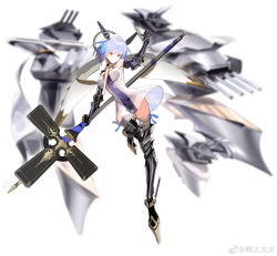 Rule 34 | 1girl, armor, azur lane, blue hair, blurry, boots, breasts, covered navel, depth of field, dress, elbow gloves, full body, gascogne (azur lane), gauntlets, gloves, greaves, halo, headgear, high heel boots, high heels, highres, kumatangent, mechanical halo, medium breasts, polearm, see-through silhouette, short dress, short hair, simple background, solo, standing, standing on one leg, thighhighs, weapon, weibo watermark, white background, yellow eyes