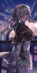 Rule 34 | 1girl, :d, absurdres, arms behind back, backlighting, black hairband, black jacket, blue hair, blush, bow, city, cloud, cloudy sky, collared shirt, cowboy shot, cropped jacket, dark, evening, firefly (honkai: star rail), floating hair, from behind, gradient hair, green thighhighs, grey hair, hair between eyes, hair bow, hair intakes, hairband, head tilt, highres, honkai: star rail, honkai (series), jacket, legs apart, long hair, long sleeves, looking at viewer, looking back, multicolored hair, night, night sky, open mouth, outdoors, own hands together, panisa319, railing, shirt, sidelocks, sky, smile, solo, thighhighs, thighs, white shirt, zettai ryouiki