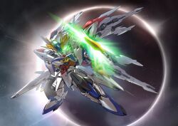 Rule 34 | absurdres, arm shield, chibi, eclipse, eclipse gundam, glowing, glowing eyes, green eyes, gun, gundam, gundam seed, gundam seed eclipse, highres, holding, holding gun, holding weapon, making-of available, mecha, mobile suit, no humans, robot, science fiction, sd gundam, solar eclipse, solo, space, star (sky), v-fin, weapon, zakuma
