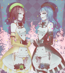 Rule 34 | 07th expansion, 1boy, 1girl, absurdres, bad id, bad pixiv id, blue eyes, blue hair, bow, brother and sister, brown hair, character name, confetti, elbow gloves, flower, furfur, gloves, hetero, highres, holding hands, no naku koro ni (series), ohagi (ymnky), open mouth, rose, siblings, smile, striped clothes, striped thighhighs, thighhighs, trap, umineko no naku koro ni, zepar