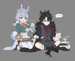 Rule 34 | ..., 1boy, 1girl, aged down, animal ears, bandaged arm, bandaged leg, bandages, black gloves, black hair, black socks, book, bow, closed mouth, cup, ear piercing, fingerless gloves, genshin impact, gloves, grey background, grey eyes, grey hair, hair ornament, highres, holding, low twintails, multicolored hair, open mouth, pantyhose, papajay (jennygin2), piercing, pom pom (clothes), pom pom hair ornament, red eyes, sigewinne (genshin impact), simple background, sitting, socks, spoken ellipsis, twintails, white gloves, white pantyhose, wriothesley (genshin impact)
