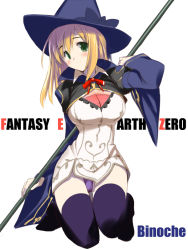 Rule 34 | 1girl, bad id, bad pixiv id, blonde hair, blush, breasts, cape, cleavage, dress, fantasy earth zero, green eyes, hat, hima, kneeling, large breasts, long hair, panties, pantyshot, smile, solo, thighhighs, underwear, witch hat