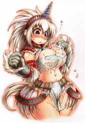 Rule 34 | 1girl, blush, breasts, capcom, cleavage, cum, curvy, detached sleeves, elbow gloves, gloves, hairband, hip focus, horns, huge breasts, ibukichi, kirin (armor), loincloth, midriff, monster hunter (series), navel, plump, sexually suggestive, single horn, solo, suggestive fluid, tears, white hair, wide hips