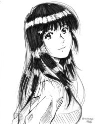 Rule 34 | 1girl, absurdres, black hair, from side, greyscale, head tilt, highres, light smile, long hair, looking at viewer, monochrome, original, signature, simple background, sketch, solo, twitter username, upper body, white background, yukikaze (isamiashi)