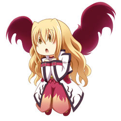 Rule 34 | 1girl, azumaya hironaru, blonde hair, blush stickers, chibi, long hair, long sleeves, lowres, lyrical nanoha, mahou shoujo lyrical nanoha, mahou shoujo lyrical nanoha a&#039;s, mahou shoujo lyrical nanoha a&#039;s portable: the gears of destiny, open mouth, puffy pants, puffy sleeves, solo, yuri eberwein, wavy hair, white background, wings, yellow eyes