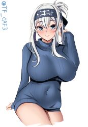 Rule 34 | 1girl, absurdres, bare legs, blue eyes, blue sweater, blush, breasts, folded ponytail, hair between eyes, headband, highres, kamoi (kancolle), kantai collection, large breasts, long hair, long sleeves, looking at viewer, ribbed sweater, sitting, solo, sweater, tf cafe, thick eyebrows, white hair