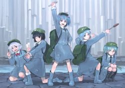 Rule 34 | 5girls, :d, ;), alternate hairstyle, arm up, arms up, backpack, bad id, bad twitter id, bag, bespectacled, black footwear, black hair, blue eyes, blue footwear, blue hair, blue shirt, blue skirt, blunt bangs, bob cut, boots, bow, bowtie, breasts, cabbie hat, cattail, cross-laced footwear, from side, full body, glasses, green hat, gun, hair bobbles, hair ornament, hand on own hip, handgun, hands up, hat, holding, holding gun, holding pen, holding plant, holding weapon, holding wrench, ichiba youichi, kappa mob (touhou), kawashiro nitori, key, kneeling, long sleeves, looking at viewer, looking back, medium breasts, multiple girls, multiple persona, on one knee, one eye closed, open mouth, pen, pistol, plant, pocket, red bow, red neckwear, round eyewear, rubber boots, shirt, short hair, silver hair, skirt, smile, squatting, standing, touhou, two side up, water, weapon, wrench, x hair ornament