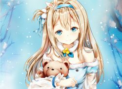 Rule 34 | 1girl, bare shoulders, blue dress, blue eyes, blush, branch, closed mouth, commentary request, dress, flower, full moon, girls&#039; frontline, head tilt, layered sleeves, light brown hair, long hair, long sleeves, looking at viewer, moon, mutang, hugging object, off-shoulder dress, off shoulder, official alternate costume, outdoors, pink flower, puffy long sleeves, puffy short sleeves, puffy sleeves, see-through, short over long sleeves, short sleeves, sitting, smile, solo, stuffed animal, stuffed toy, suomi (girls&#039; frontline), suomi (korvatunturi pixie) (girls&#039; frontline), teddy bear