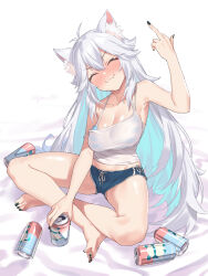 Rule 34 | 1girl, animal ear fluff, animal ears, antenna hair, aqua hair, artist name, barefoot, bikini, bikini top only, black nails, blue bikini, blue shorts, blush, breasts, camisole, can, closed eyes, closed mouth, colored inner hair, dolphin shorts, facing viewer, full body, hand up, highres, indian style, long hair, medium breasts, middle finger, multicolored hair, saijo-m, see-through, shorts, sitting, solo, spaghetti strap, strap slip, striped bikini, striped clothes, swimsuit, vei (vtuber), vei (vtuber) (8th costume), virtual youtuber, vshojo, white camisole, white hair