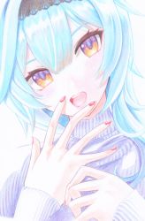 Rule 34 | 1girl, :d, blue hair, eula (genshin impact), genshin impact, hair between eyes, highres, jerry (pixiv69362359), long hair, long sleeves, looking at viewer, nail polish, open mouth, portrait, red nails, ribbed sweater, smile, solo, sweater, white sweater, yellow eyes