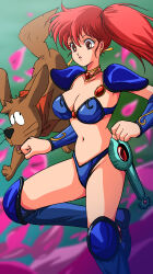 Rule 34 | 1girl, 1other, absurdres, armor, asagiri youko, bikini, bikini armor, blue bikini, blue footwear, boots, breasts, brown eyes, character request, choker, cleavage, clenched hands, commentary request, dog, earrings, gem, genmu senki leda, groin, highres, jewelry, knee boots, large breasts, long hair, masaaki endo, medium breasts, navel, orange hair, pauldrons, petals, shoulder armor, side ponytail, swimsuit, thighs, vambraces