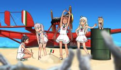 Rule 34 | 5girls, aircraft, airplane, annin musou, arms up, bad id, bad twitter id, barrel, beach, black hair, blonde hair, blue sky, blunt bangs, blurry, bread slice, brown eyes, brown hair, closed eyes, commentary request, day, depth of field, dress, drum (container), fairy (kancolle), food, grecale (kancolle), green eyes, hair ribbon, headgear, italian flag, kantai collection, libeccio (kancolle), long hair, maestrale (kancolle), multiple girls, neckerchief, ocean, one side up, open mouth, outdoors, ribbon, sailor collar, sailor dress, sand, scirocco (kancolle), short hair, silver hair, sitting, sky, sleeveless, sleeveless dress, smile, stretching, toast, twintails, vehicle request, wavy hair, white dress, white ribbon, white sailor collar