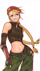 Rule 34 | 1girl, alternate costume, antenna hair, bare shoulders, belt, beret, blonde hair, blue eyes, braid, cammy white, capcom, casual, colored pencil (medium), contemporary, crop top, dated, elbow gloves, final fight, final fight streetwise, fingerless gloves, gloves, hands on own hips, hat, long hair, marker (medium), midriff, navel, omar dogan, pants, scar, signature, smile, solo, street fighter, traditional media, twin braids, unzipped
