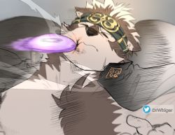 Rule 34 | 1boy, abs, animal ears, bara, beard, dr whiger, closed eyes, facial hair, furry, furry male, grey hair, headband, highres, hitting, horkeu kamui, jacket, jacket on shoulders, large pectorals, male focus, muscular, pectorals, simple background, solo, tokyo houkago summoners, upper body