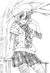 Rule 34 | 1girl, :p, against railing, bespectacled, cabbie hat, checkered clothes, checkered skirt, face, glasses, greyscale, hat, highres, kawashima ami, long hair, monochrome, railing, scarf, semi-rimless eyewear, skirt, solo, thighhighs, tongue, tongue out, toradora!, traditional media, tree, zettai ryouiki