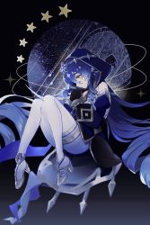 Rule 34 | 1girl, bare shoulders, black gloves, blue dress, blue hair, bracelet, detached sleeves, diadem, dress, fetal position, floating, genshin impact, gloves, gold footwear, gold trim, high heels, highres, jewelry, juliet sleeves, layla (genshin impact), long hair, long sleeves, looking at viewer, merry-san, own hands together, pants, puffy sleeves, shoes, solo, star (sky), star (symbol), thighlet, very long hair, white pants, yellow eyes