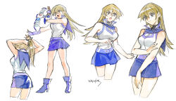 Rule 34 | 203wolves, arms up, bare arms, blonde hair, blue footwear, blue skirt, breasts, card, cropped legs, duel academy uniform (yu-gi-oh! gx), duel disk, fingerless gloves, floating hair, gloves, highres, holding, holding card, long hair, medium breasts, miniskirt, open mouth, purple gloves, purple sailor collar, sailor collar, shirt, simple background, sketch, skirt, sleeveless, sleeveless shirt, tenjouin asuka, tying hair, very long hair, white background, white shirt, yu-gi-oh!, yu-gi-oh! gx