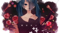 Rule 34 | 1girl, bad id, bad pixiv id, blue eyes, blue hair, earrings, flower, hand on another&#039;s chest, hand on own chest, hatsune miku, itamidome, jewelry, mask, matching hair/eyes, nail polish, red flower, red rose, rose, single earring, sleeves past wrists, smile, solo, translation request, twintails, vocaloid