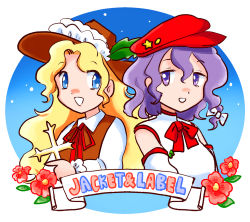 Rule 34 | 1980s (style), 2girls, artist request, blonde hair, blue eyes, bow, brown headwear, brown vest, cabbie hat, character name, collared shirt, cross, detached sleeves, dolls in pseudo paradise, english text, eyelashes, flat cap, flower, hat, highres, holding, holding cross, jacket girl (dipp), label girl (dipp), light purple hair, long hair, long sleeves, multiple girls, off shoulder, oldschool, open mouth, purple eyes, red bow, red headwear, red neckwear, red ribbon, retro artstyle, ribbon, shirt, short hair, touhou, upper body, vest, wavy hair, white background, white bow, white shirt, white sleeves, white vest