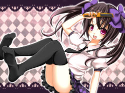 Rule 34 | 1girl, ass, black hair, black thighhighs, bow, camera phone, cellphone, checkered clothes, checkered skirt, female focus, hair bow, hand on own face, harukaruha, himekaidou hatate, open mouth, phone, red eyes, shirt, skirt, smile, solo, thighhighs, touhou, twintails, upskirt, white shirt