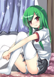 Rule 34 | 1girl, admiral hipper (warship girls r), bed, blush, bow, bowtie, breasts, cameltoe, curtains, green hair, grey skirt, hands on own leg, highres, indoors, knees up, long hair, looking at viewer, medium breasts, on bed, panties, pillow, red eyes, school uniform, shirt, sitting, skirt, smile, solo, srwsrx (gp03dsrx), thighhighs, underwear, warship girls r, white shirt