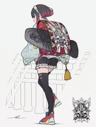 Rule 34 | 1girl, absurdres, aqua jacket, backpack, bag, black hair, black shorts, black thighhighs, frilled shorts, frills, full body, gradient hair, hairband, highres, jacket, long sleeves, multicolored footwear, multicolored hair, original, pouch, puffy long sleeves, puffy sleeves, red bag, red hair, sakumo (hrnb0122issy), shoes, short hair, shorts, skateboard, sleeves past wrists, sneakers, solo, standing, standing on one leg, thighhighs