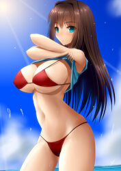 Rule 34 | 1girl, alternate breast size, alternate costume, aozaki aoko, aqua eyes, bikini, blue shirt, blue sky, blush, breasts, brown hair, cleavage, cloud, commentary request, hair intakes, highres, large breasts, long hair, looking at viewer, mahou tsukai no yoru, navel, ocean, outdoors, red bikini, shirt, sky, solo, stomach, sunlight, swimsuit, undressing, water, wet, yuuk33