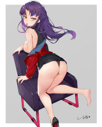 Rule 34 | 1girl, ass, black dress, black footwear, black panties, breasts, chair, clothes lift, commentary request, dress, dress lift, feet, high heels, highres, jacket, jiujiuyatou (yayanzz), katsuragi misato, large breasts, long hair, long sleeves, looking at viewer, mouth hold, neon genesis evangelion, outside border, panties, purple eyes, purple hair, red jacket, short dress, sideboob, signature, single bare shoulder, solo, underwear