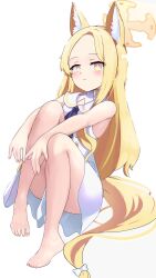 Rule 34 | 1girl, absurdres, animal ears, ass, barefoot, blonde hair, blue archive, blush, bow, closed mouth, dress, flat chest, fox ears, hair bow, halo, highres, long hair, looking at viewer, saabyboi, seia (blue archive), simple background, sleeveless, sleeveless dress, solo, toes, very long hair, white background, white bow, white dress, yellow eyes, yellow halo
