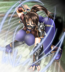Rule 34 | 1041 (toshikazu), 1girl, armor, ass, bent over, bodysuit, breasts, brown eyes, brown hair, clenched teeth, huge breasts, looking at viewer, ponytail, skin tight, solo, soul calibur, soulcalibur iii, standing, taki (soulcalibur), teeth