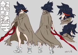 Rule 34 | 1girl, angry, bare legs, black hair, character sheet, cloak, frown, grey background, highres, holding, holding weapon, kill la kill, matoi ryuuko, multicolored hair, multiple views, naked cloak, official art, scissor blade (kill la kill), shoes, short hair, simple background, sneakers, streaked hair, sushio, weapon, white footwear
