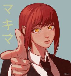 Rule 34 | 1girl, absurdres, artist name, atoroux, black necktie, black suit, blouse, chainsaw man, collared shirt, foreshortening, formal, highres, looking at viewer, makima (chainsaw man), necktie, pointing, pointing at viewer, red hair, ringed eyes, shirt, simple background, solo, suit, white shirt, yellow eyes