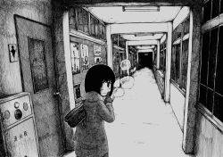 Rule 34 | 1girl, black hair, breath, cold, dark, finger to mouth, fire alarm, fluorescent lamp, from behind, gloves, greyscale, hallway, indoors, looking at viewer, monochrome, original, satou ikken, shushing, solo