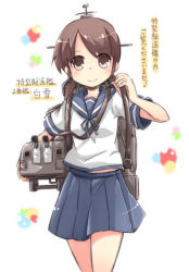 Rule 34 | 10s, 1girl, brown eyes, brown hair, cannon, kantai collection, personification, pleated skirt, school uniform, serafuku, shirayuki (kancolle), skirt, solo, translated, turret, twintails, viva!!