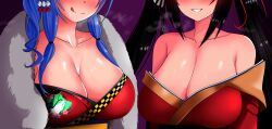 Rule 34 | 2girls, azur lane, black hair, blue hair, breast focus, breasts, chinese clothes, cleavage, evil grin, evil smile, grin, highres, large breasts, licking lips, multiple girls, purple background, smile, st. louis (azur lane), st. louis (spirits in the snow) (azur lane), steam, sweat, taihou (azur lane), the only shoe, tongue, tongue out