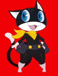 Rule 34 | 10s, 1girl, animal ears, belt, blue eyes, cat, cat ears, cat tail, eric lowery, fangs, furry, furry female, highres, looking at viewer, morgana (persona 5), no humans, persona, persona 5, red background, scarf, solo, tail, thick thighs, thighs, utility belt