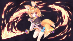 Rule 34 | 1girl, animal ear fluff, animal ears, black background, black capelet, black headwear, blue bow, blush, bow, brown hair, capelet, closed mouth, commentary request, dress, ears through headwear, fire, flaming sword, flaming weapon, flower knight girl, fox ears, fox girl, fox tail, frilled capelet, frills, hair between eyes, hairband, hat, highres, holding, holding sword, holding weapon, hood, hood up, hooded capelet, kitsune, kitsune no botan (flower knight girl), long sleeves, looking at viewer, mini hat, mini top hat, multiple tails, red eyes, sidelocks, solo, standing, standing on one leg, sword, tail, tilted headwear, top hat, two tails, weapon, white dress, yellow hairband, yuku (kiollion)